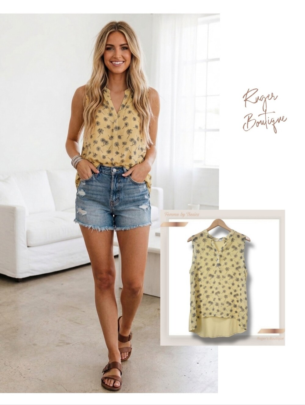 🌿Femme by Tresics Women's XL Sleeveless Sunshine Yellow Floral Blouse